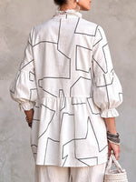 Women's Geometric Print Stand Collar 3/4 Sleeve Casual Loose Cotton Linen Top