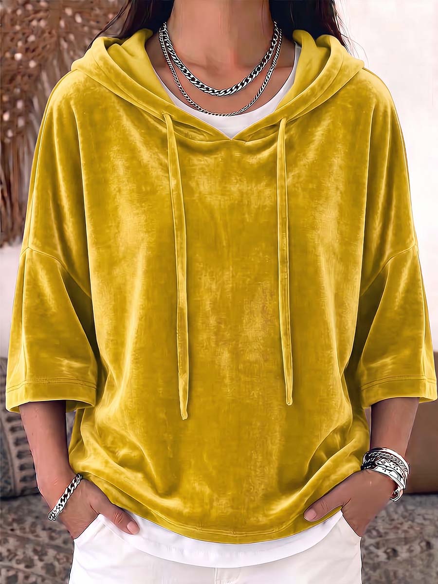 Women's Solid Color 3/4 Sleeve Casual Loose Velvet Hooded Top