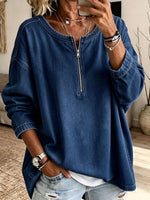 Effortless Oversize Denim Half-Zip Blouse