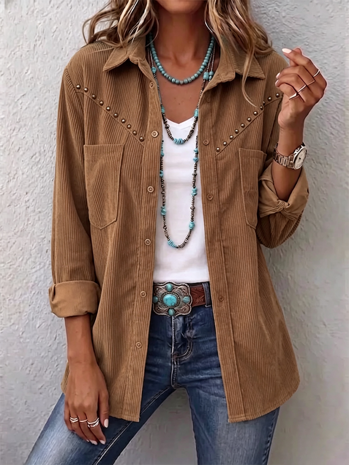 Casual Vintage-style Shirt Jacket With Rivet-detailed Pockets