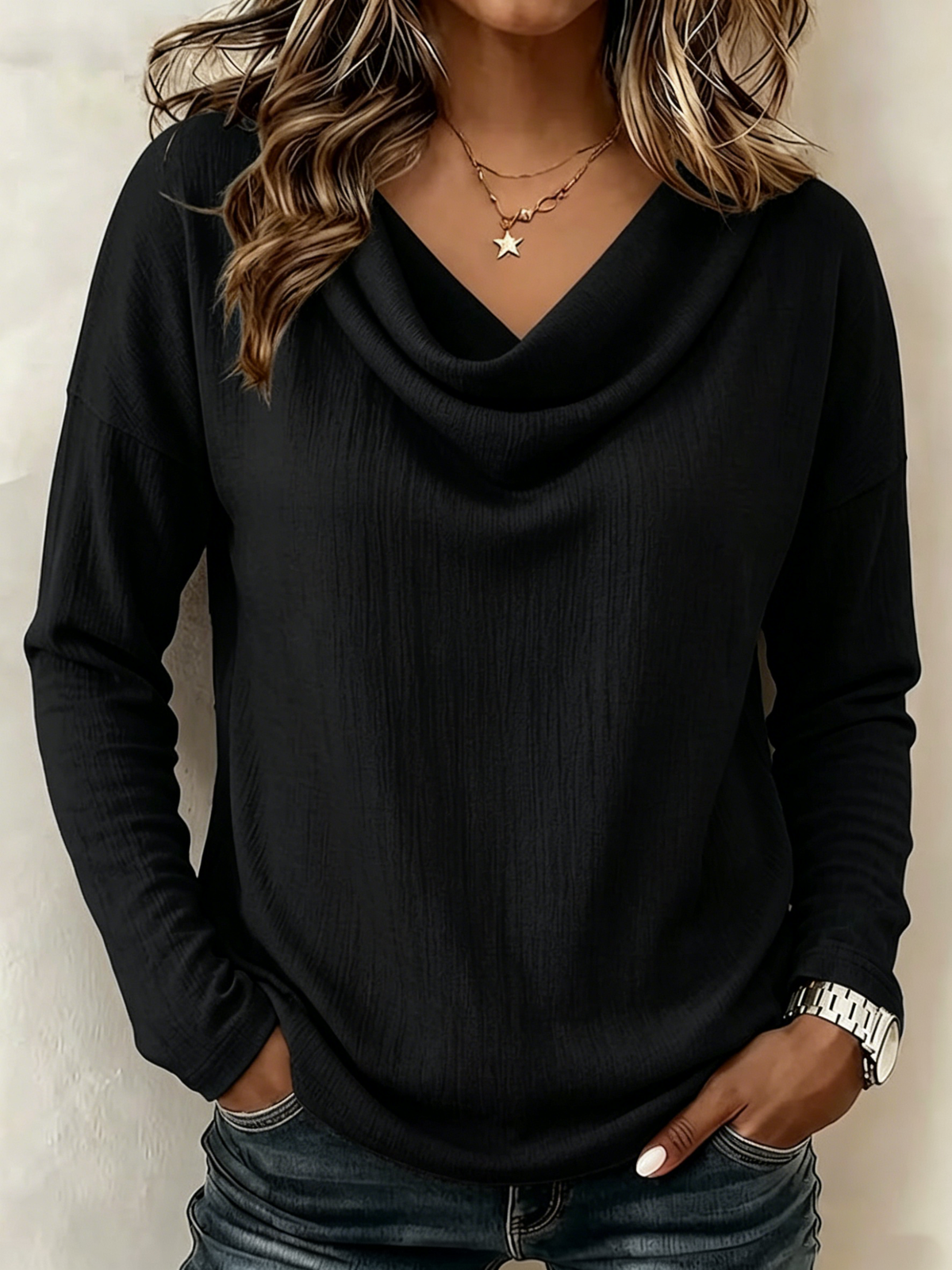 Draped Cowl Neck Textured Drop Shoulder Long Sleeve Casual Top