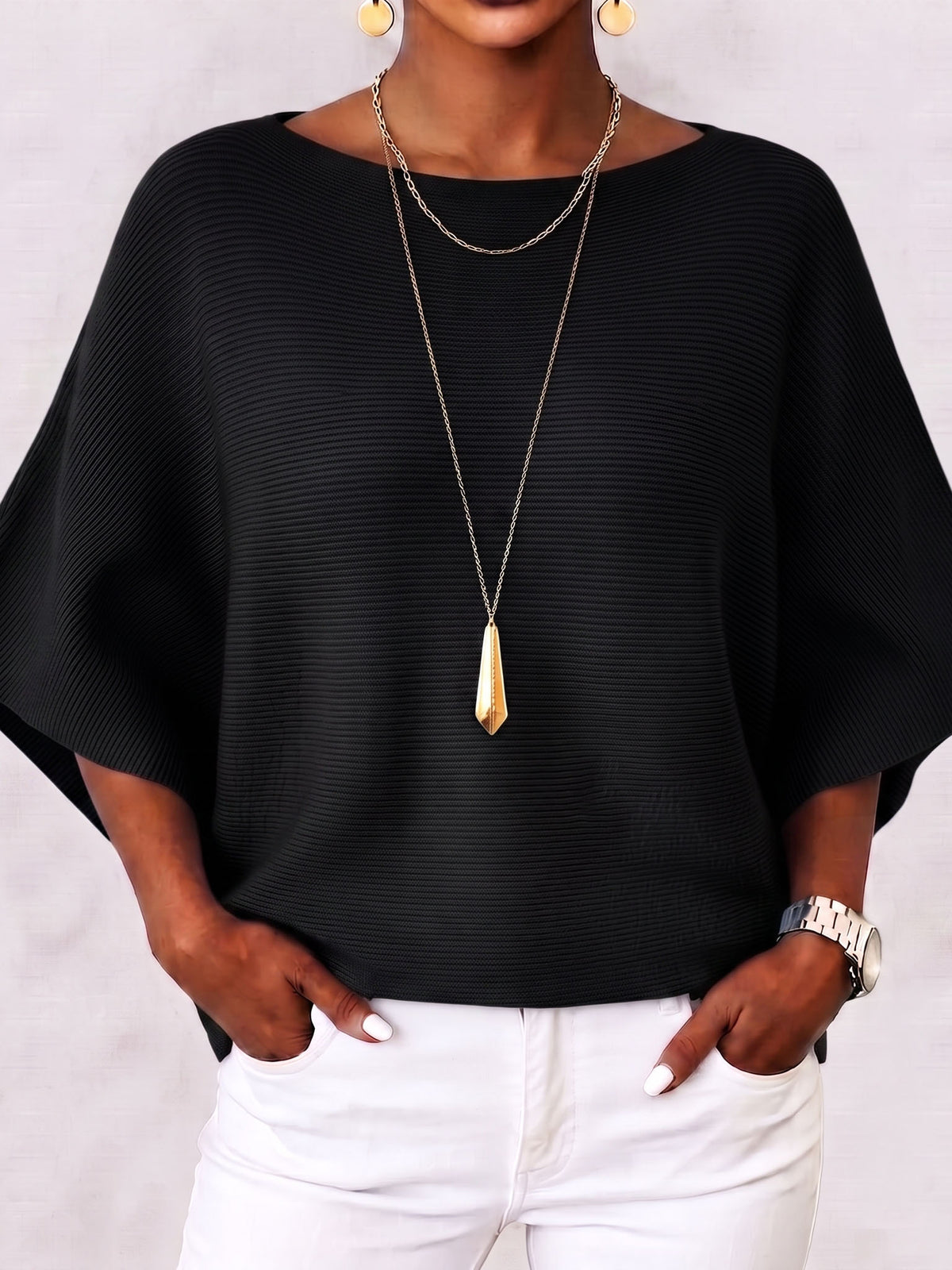 Elegant Boat Neck Batwing Sleeve Ribbed Knit Top
