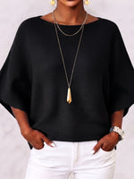 Elegant Boat Neck Batwing Sleeve Ribbed Knit Top