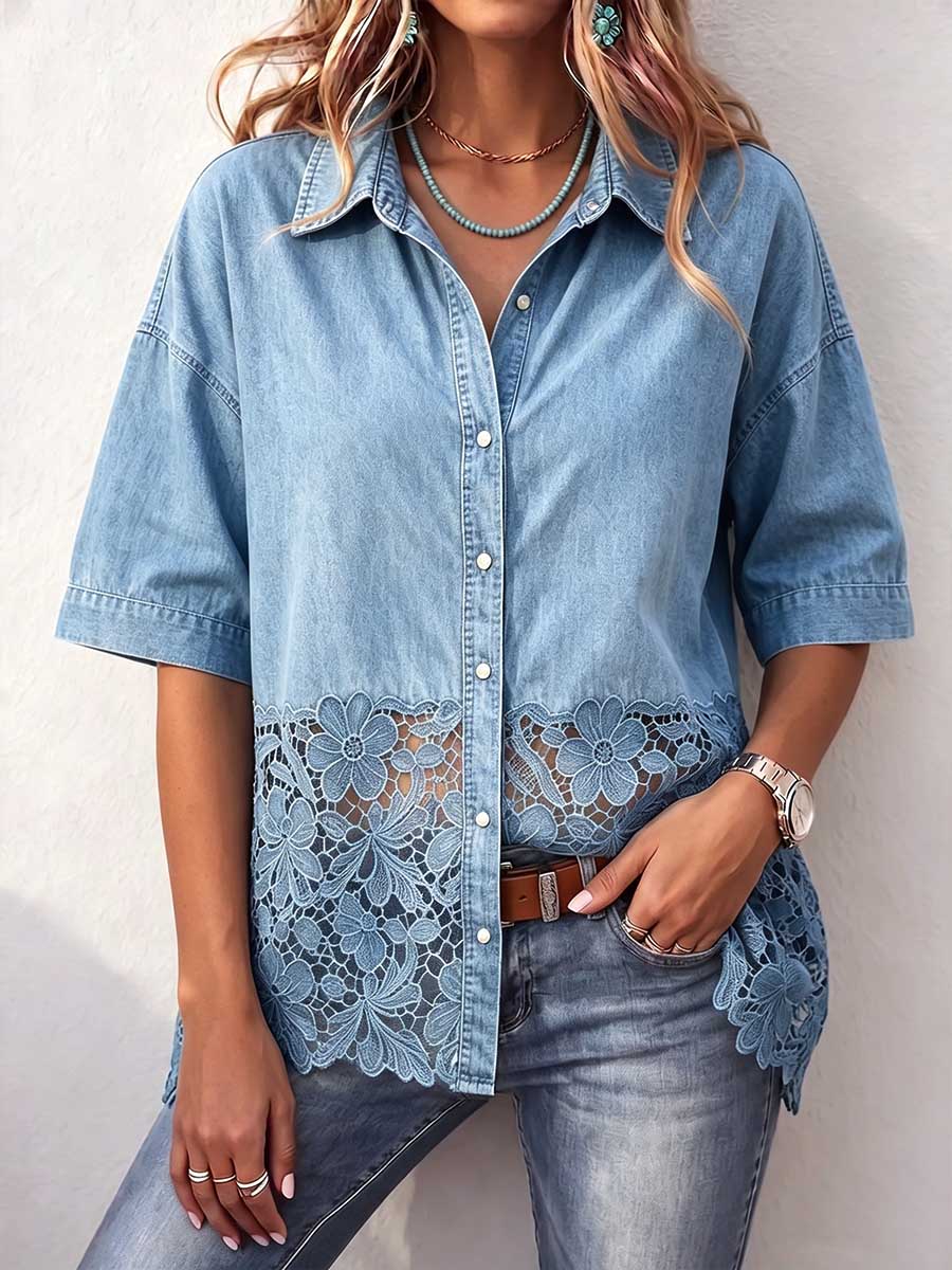Women's collared short-sleeved casual loose-fitting denim shirt with lace trim