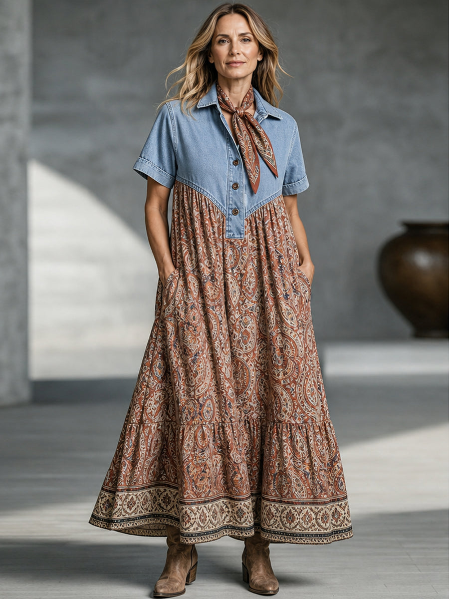 The Western Boho Denim-Patch Paisley Tiered Maxi Dress