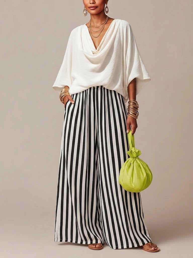 Cowl Neck Loose 3/4 Sleeve Top & Black White Vertical Stripe High Waist Wide Leg Pants Two Piece Set