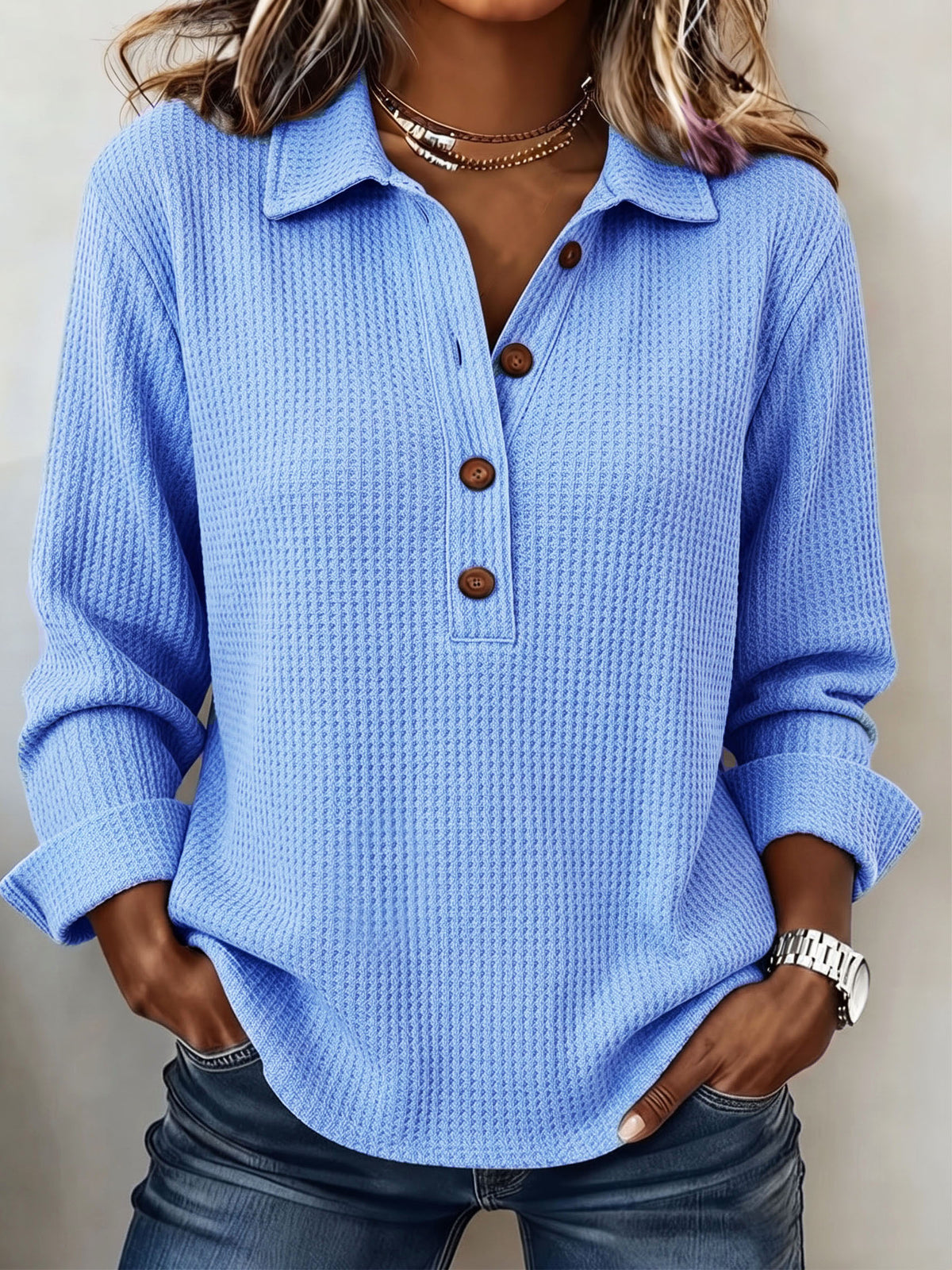 Cozy Casual Lapel Collar Waffle Knit Pullover