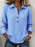 Cozy Casual Lapel Collar Waffle Knit Pullover