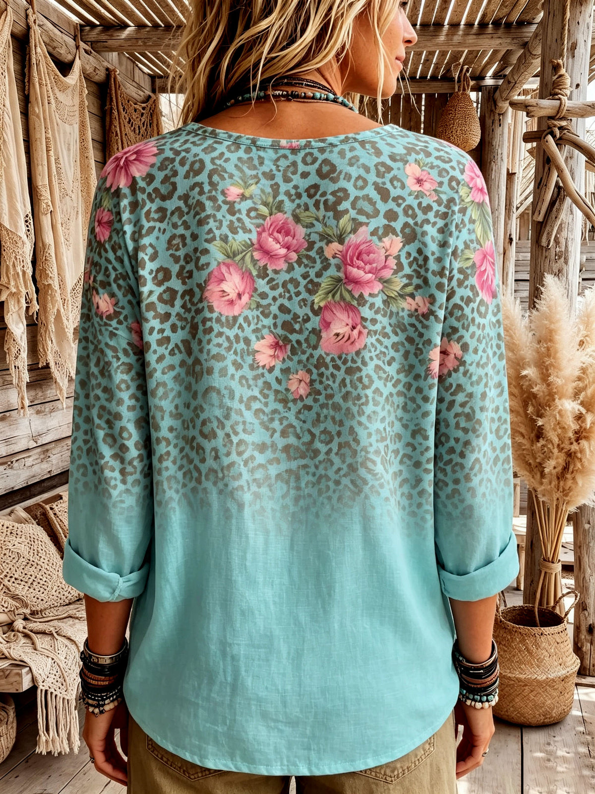Boho Floral Leopard V-neck Top