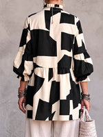 Women's Geometric Print Stand Collar 3/4 Sleeve Casual Loose Cotton Linen Top