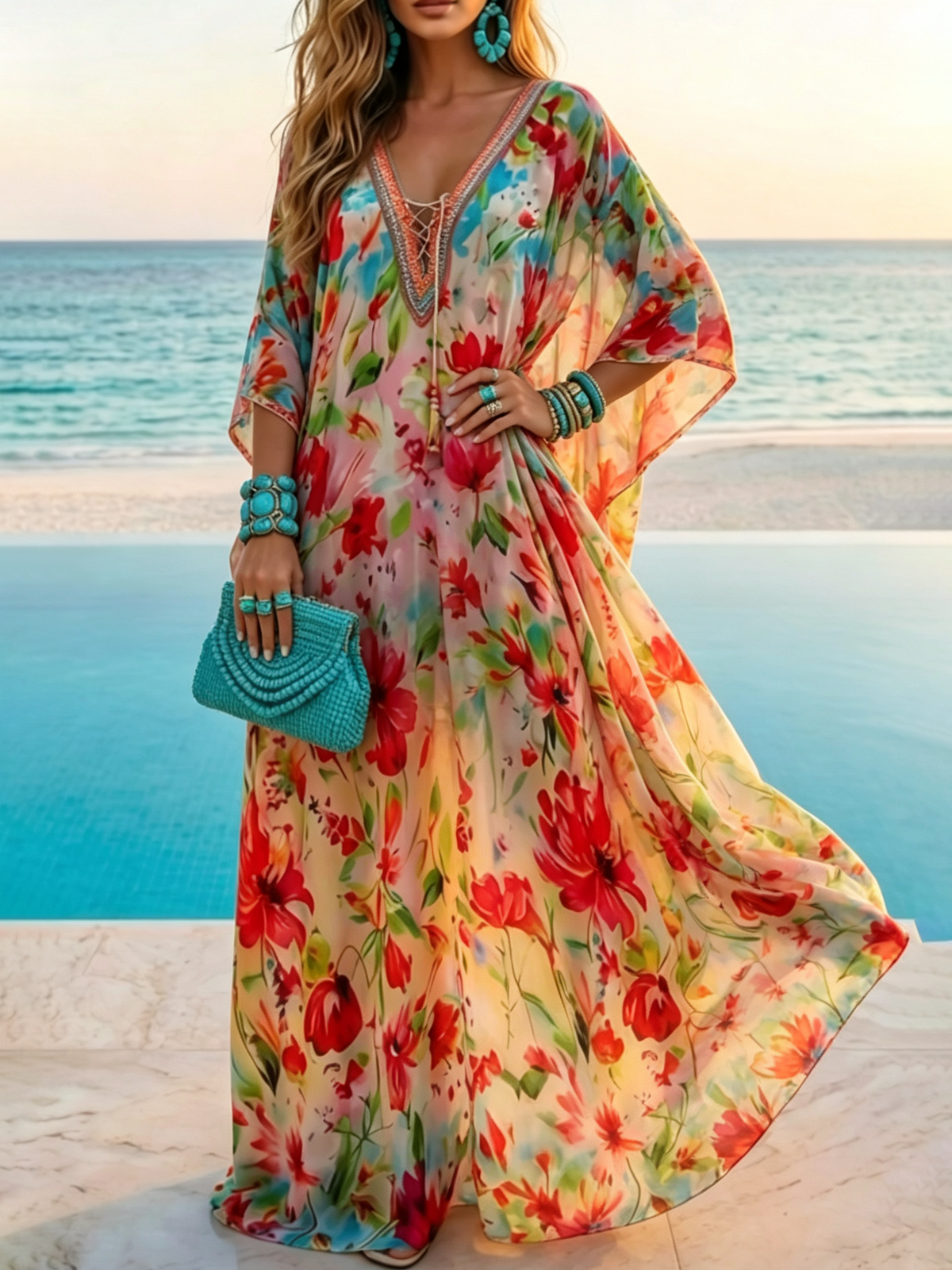 Boho Floral Beach Kaftan Dress