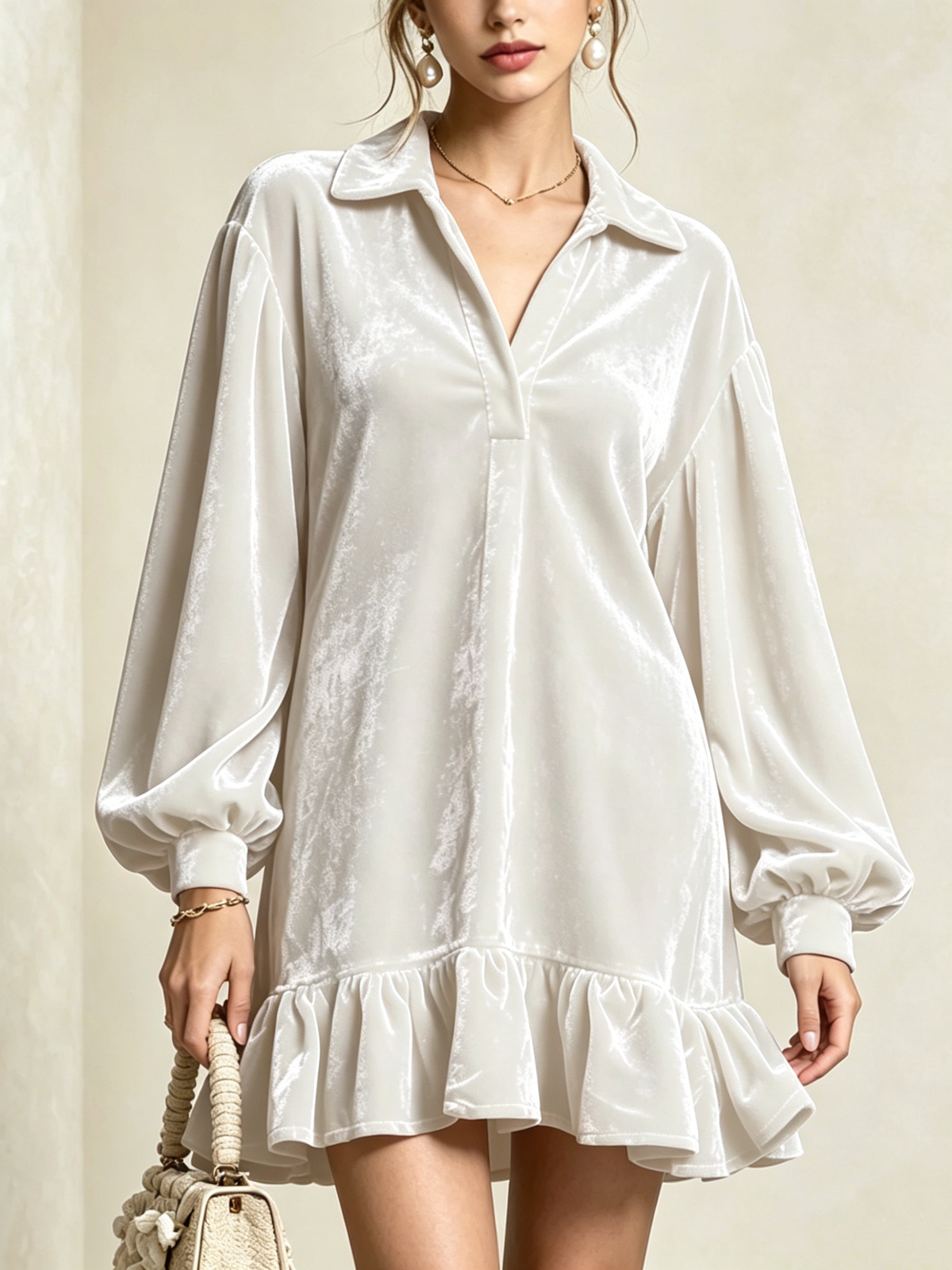 Velvet Loose-fit Mini Dress Featuring A Lapel Collar, Partial Button Placket, Lantern Sleeves, And A Ruffled Hem