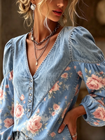 Boho V-neck Floral Print Denim Patchwork Casual Blouse