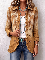 Chic Western Boho Feather Print Ruffle Hem Blazer