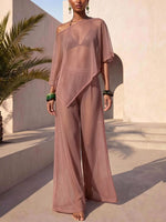 Sheer Mesh Asymmetrical Off-Shoulder Knit Two-Piece Cover-Up Set