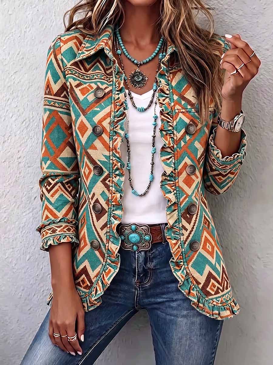 Women's Geometric Print Shirt Collar Long-sleeved Casual Loose Cotton Cardigan