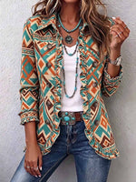 Women's Geometric Print Shirt Collar Long-sleeved Casual Loose Cotton Cardigan