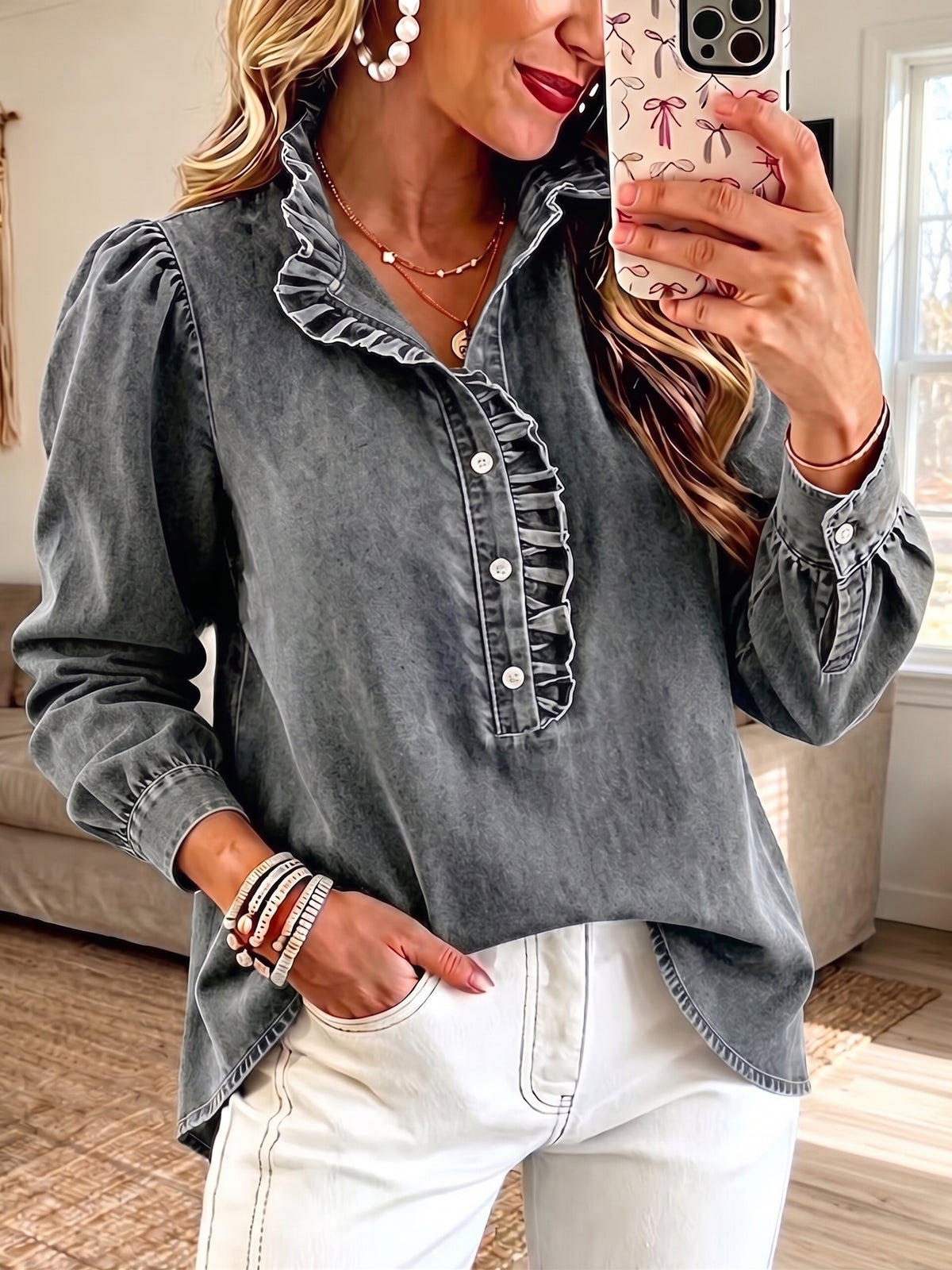 Romantic Ruffled Trim Washed Denim Blouse