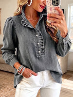 Romantic Ruffled Trim Washed Denim Blouse