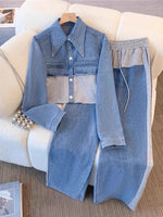Casual Black Patchwork Cotton Denim Jacket And Jeans Set