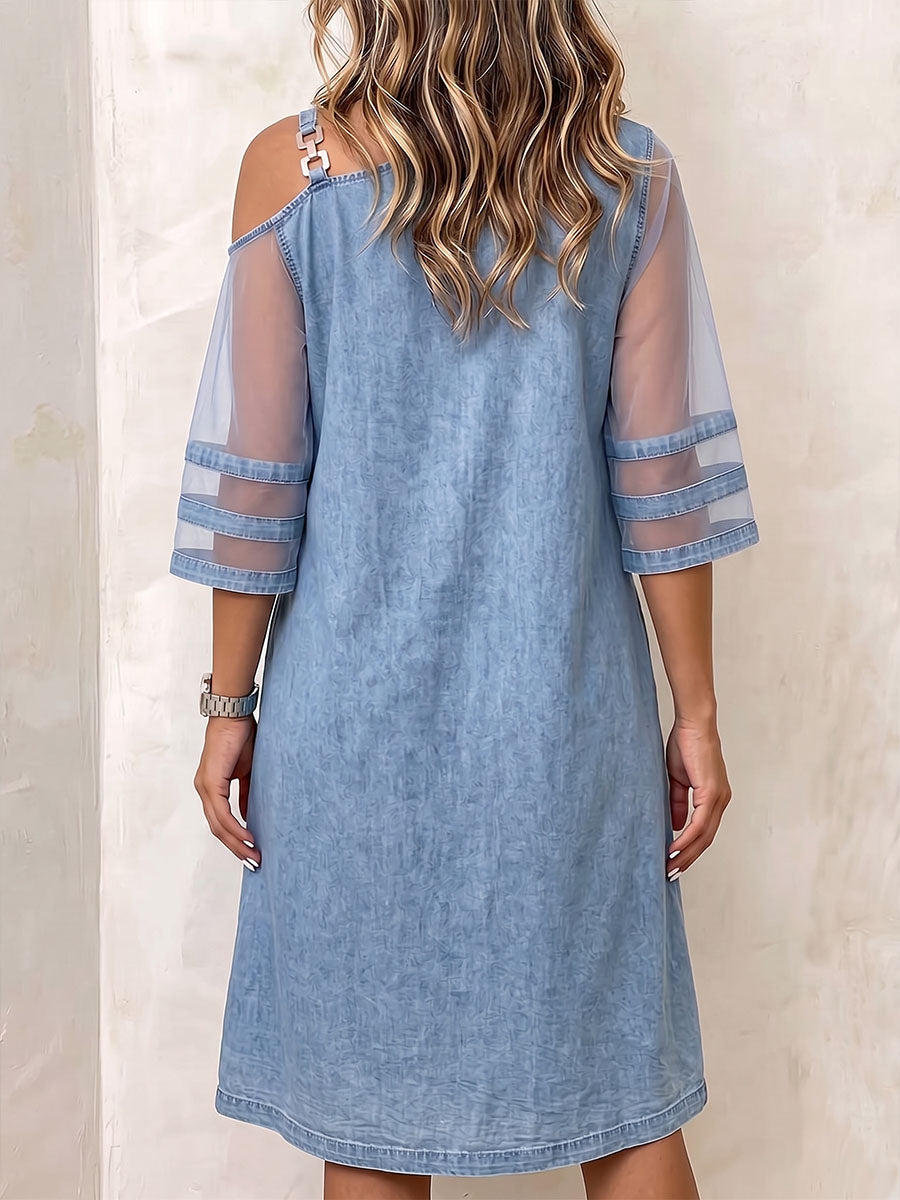 Women's Off-shoulder Neckline 3/4 Sleeves Casual Loose Denim Patchwork Mesh Dress