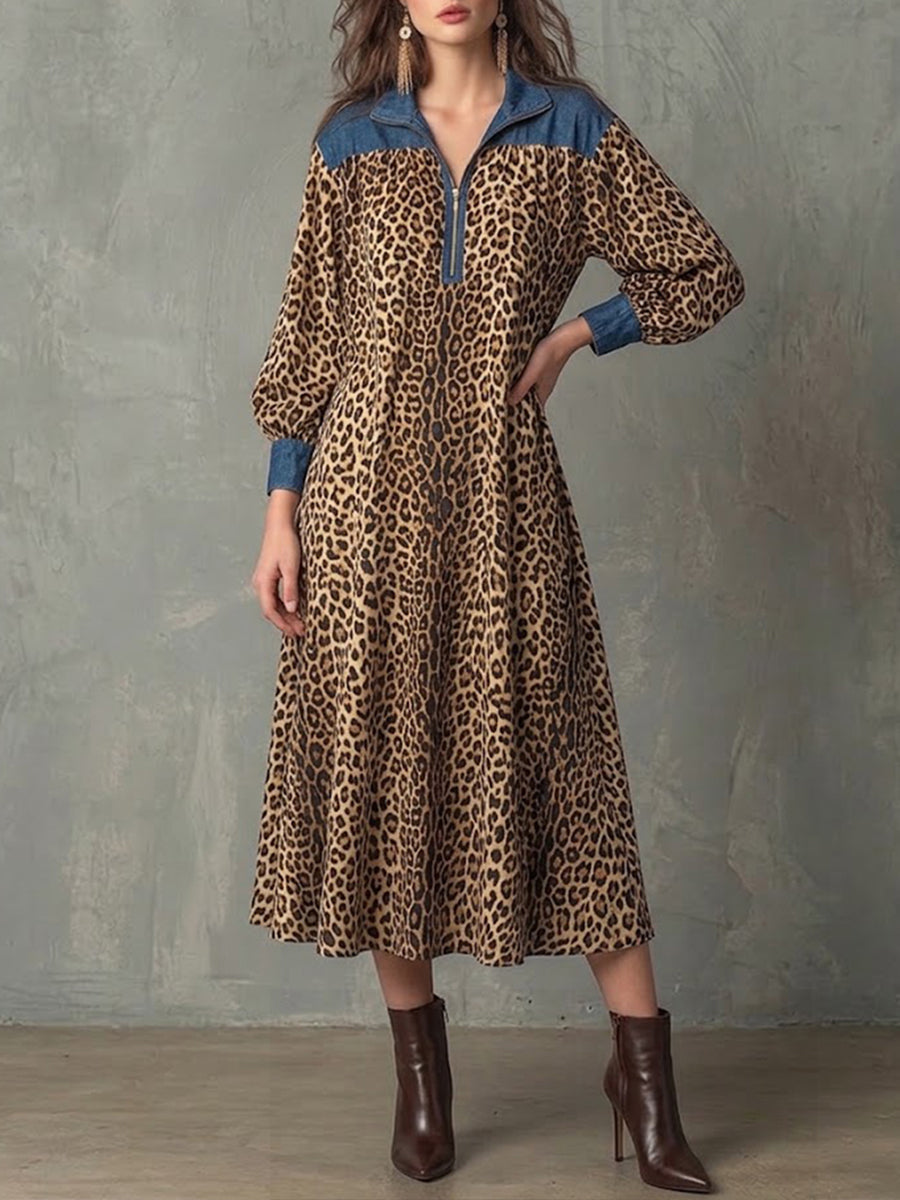 Stylish Casual Leopard Print And Denim Patchwork Dress