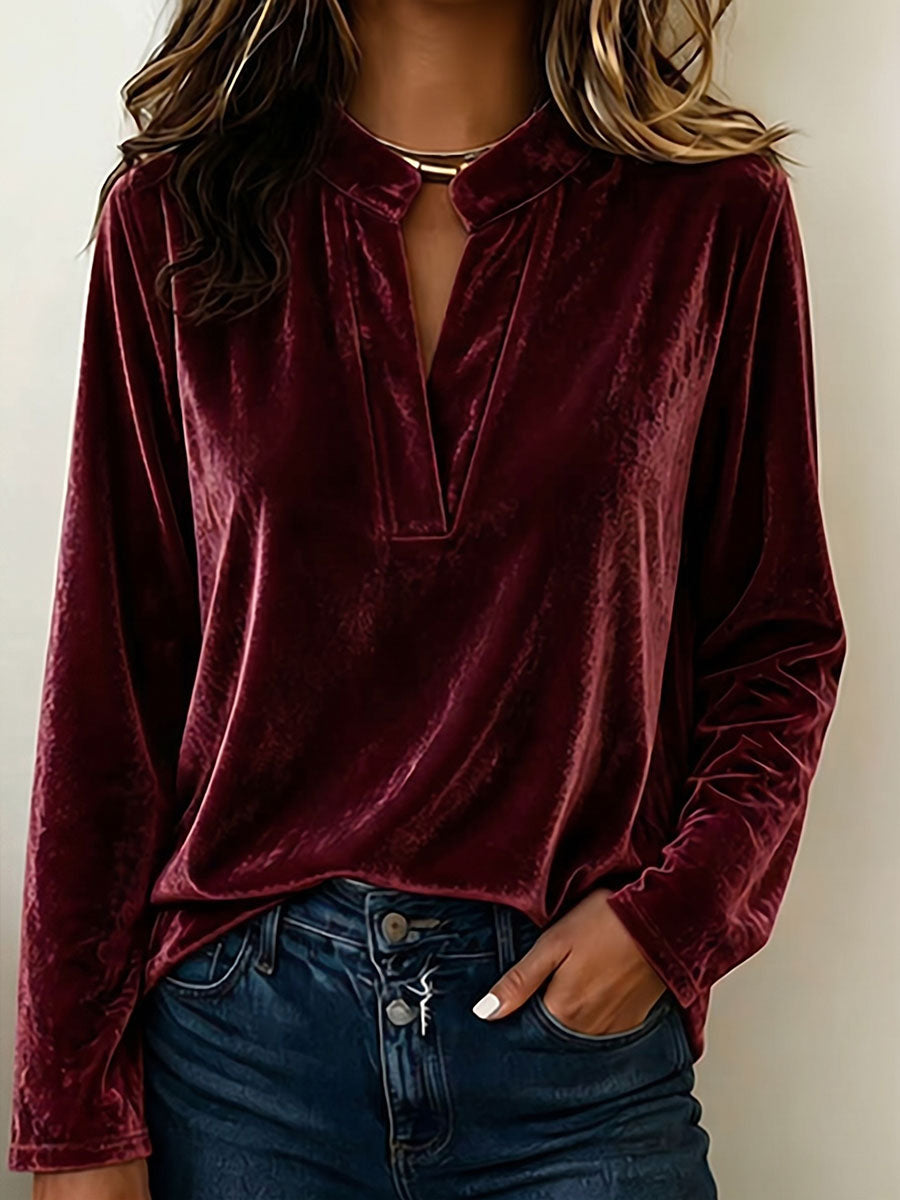 Women's Solid Color V-neck Long Sleeve Casual Loose Velvet Top