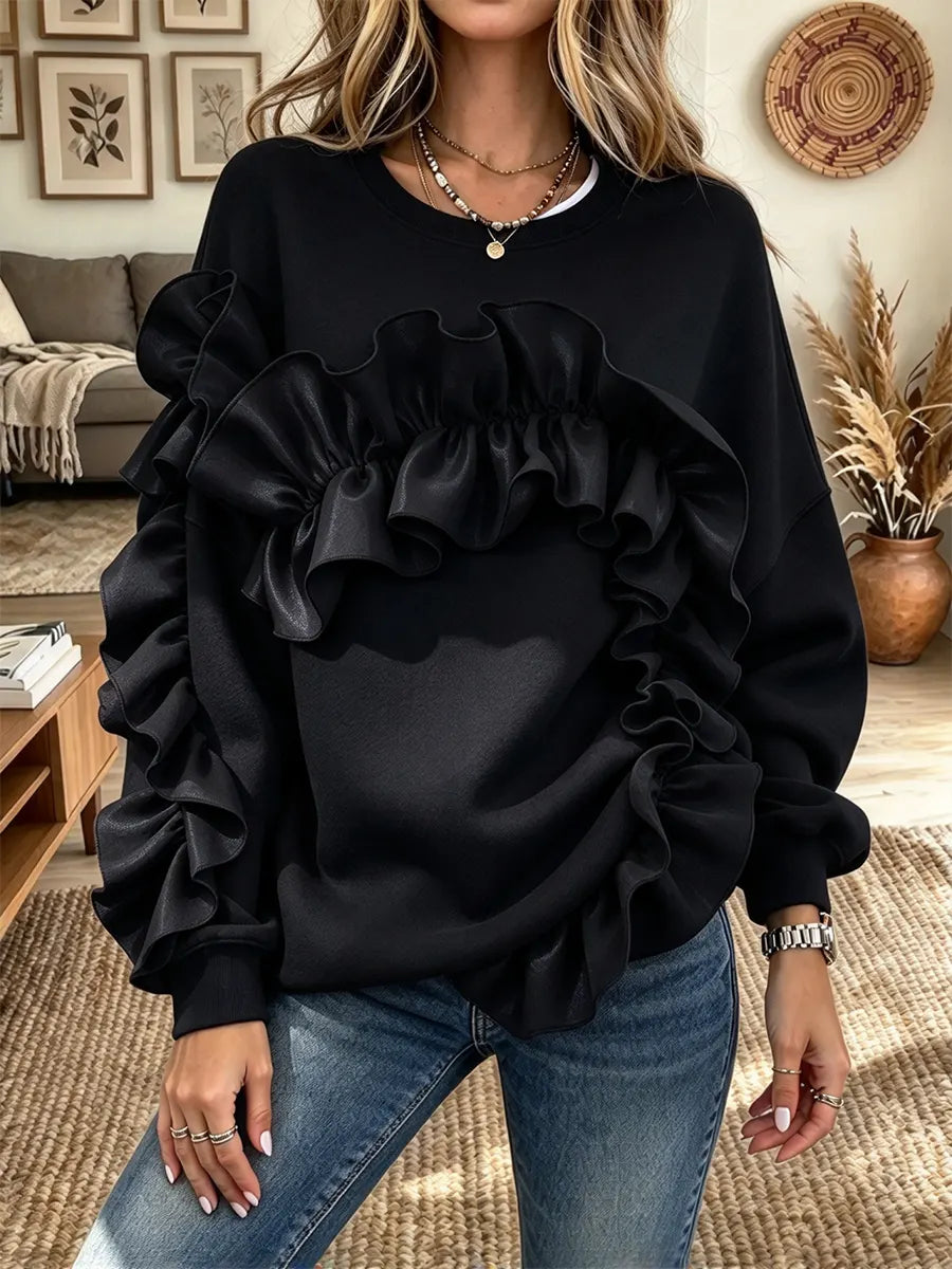 Women's Ruffled Stitching Crewneck Sweatshirt