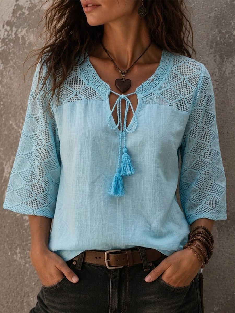 Casual Solid-color V-neck Batwing-sleeve Top With Cut-out Detail