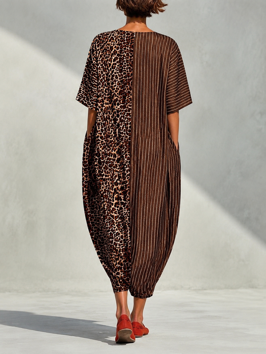 Leopard & Vertical Stripe Splice V-neck Drop Shoulder 3/4 Sleeve Loose Jumpsuit