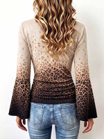 Women's Gradient Leopard Print V-neck Long Sleeve Casual Loose Stretch Top