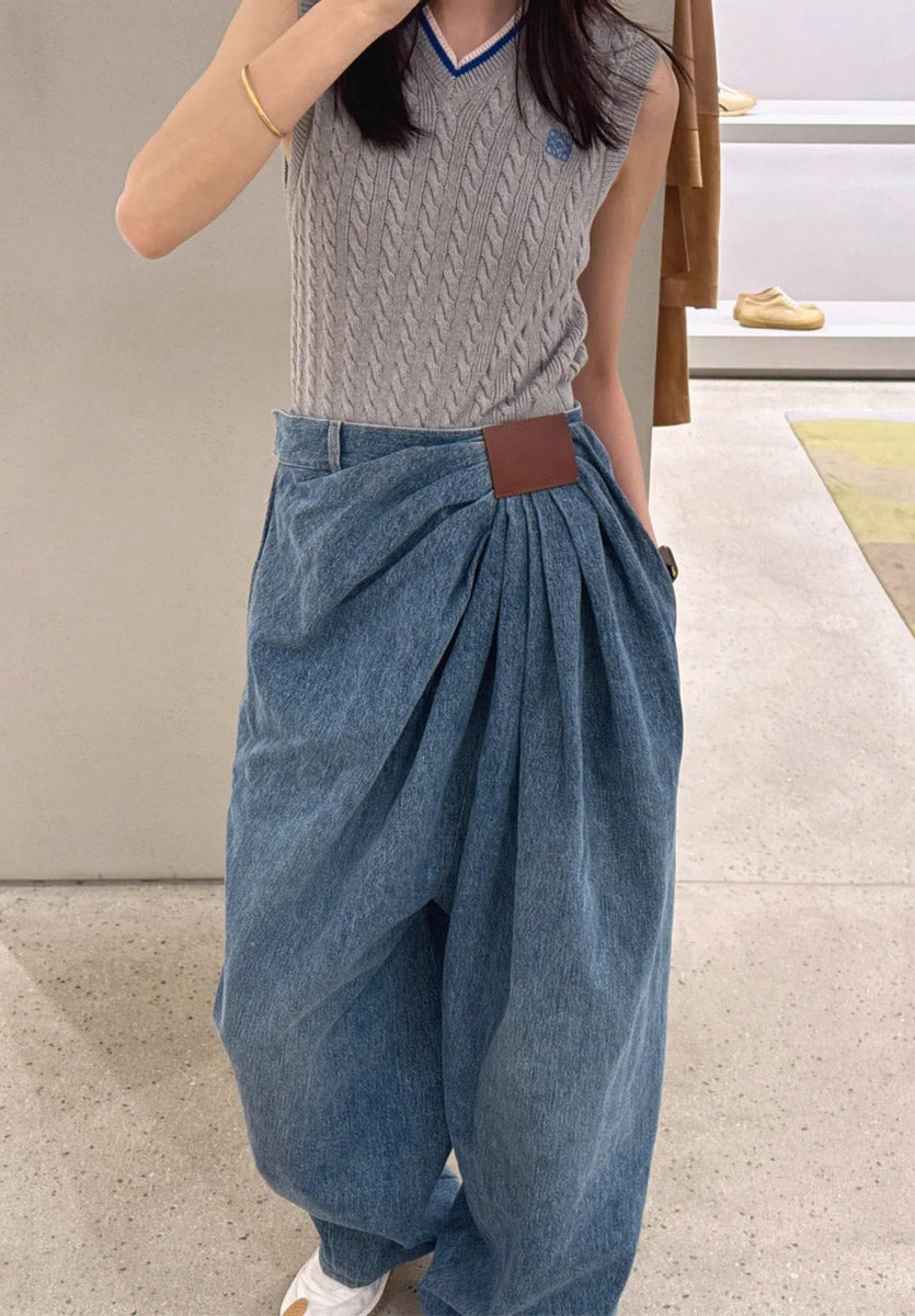 Retro Casual Asymmetrical Ruched Wide Leg Stylish Denim Pants