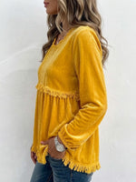Round Neck Fringe Trim Spliced Velvet Lantern Long Sleeve Babydoll Top