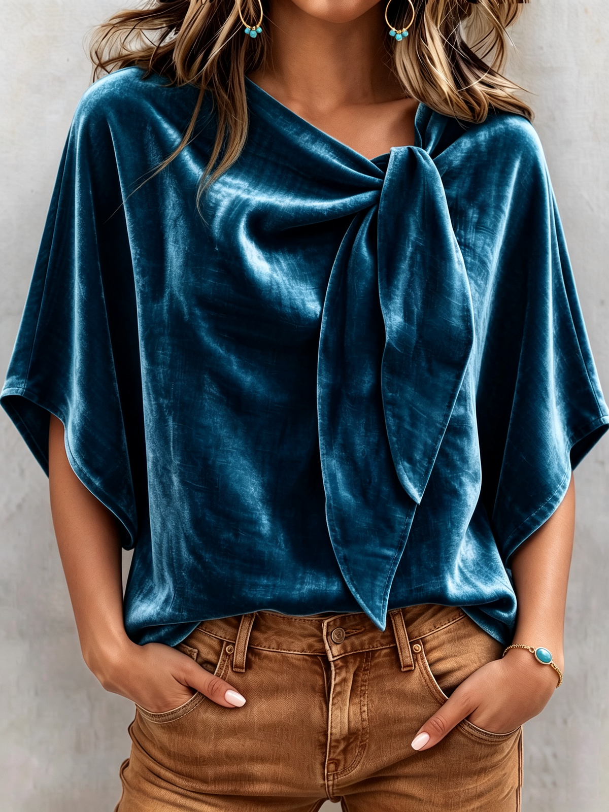 Retro-elegant Bow Tie Collar Batwing Sleeve Velvet Shirt Top