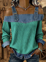 Denim Strap Off-Shoulder Ribbed Knit Top
