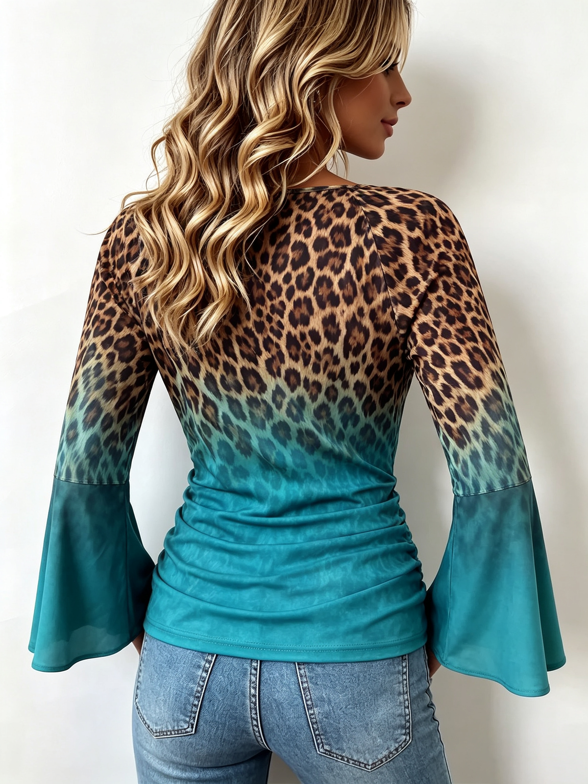 Boho Leopard Ombre Flare Sleeve Stretch Casual Blouse