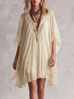 Women's Solid Color V-neck 3/4 Sleeve Casual Loose Chiffon Dress