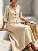 Elegant Resort-style Ruffled Linen-blend Two-piece Set