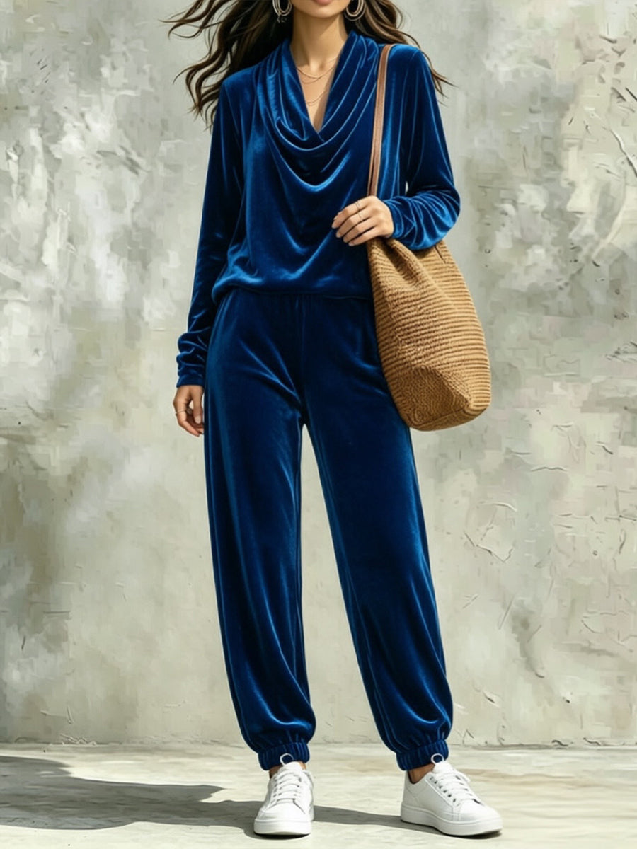Comfortable And Casual Velvet Cowl-neck Top And Trousers Two-piece Set