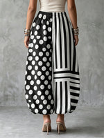 Contrast Polka Dot Stripe Linen Drawstring Harem Midi Pants