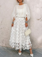 Lined Midi Skirt Featuring 3d Decorative Appliqués And Mesh Paneling