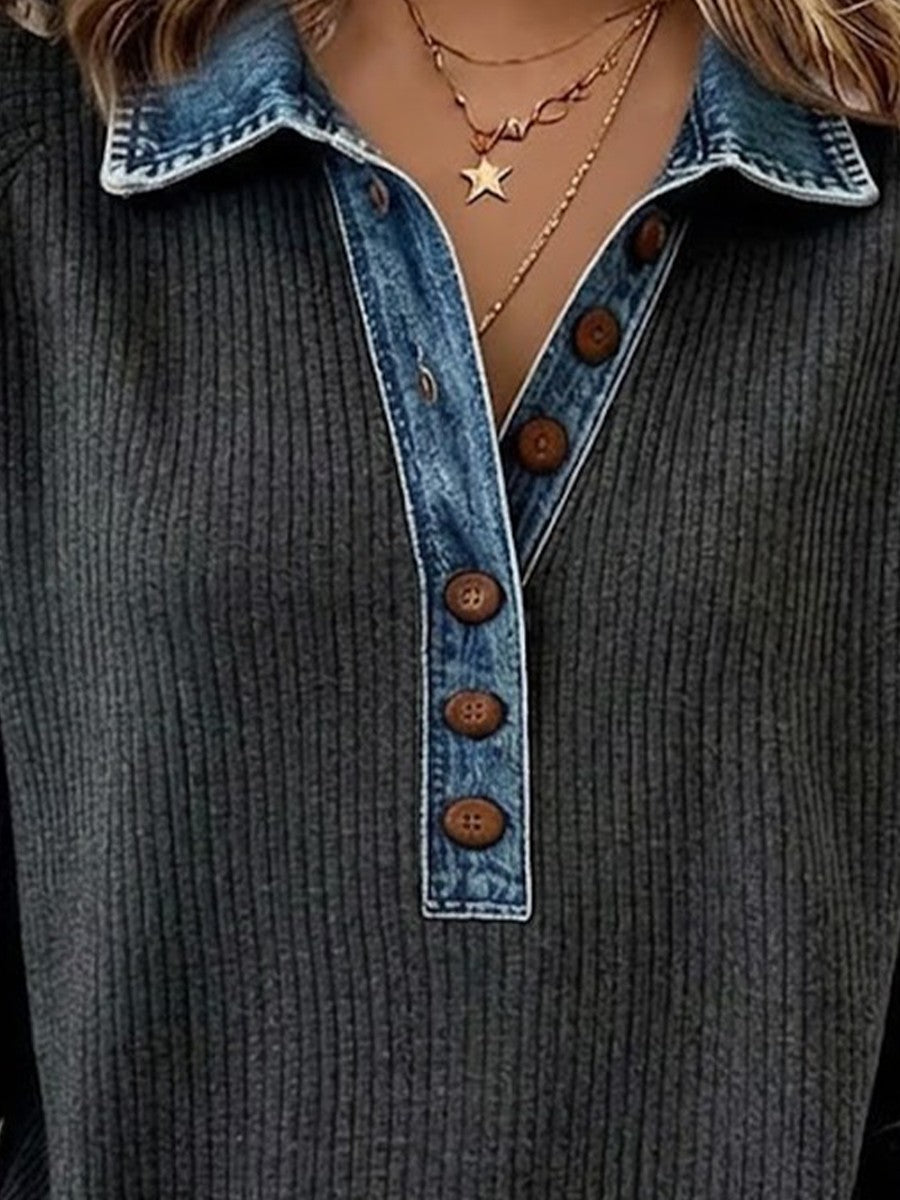 Denim Collar Half Button Vertical Rib Knit Spliced Long Sleeve Top