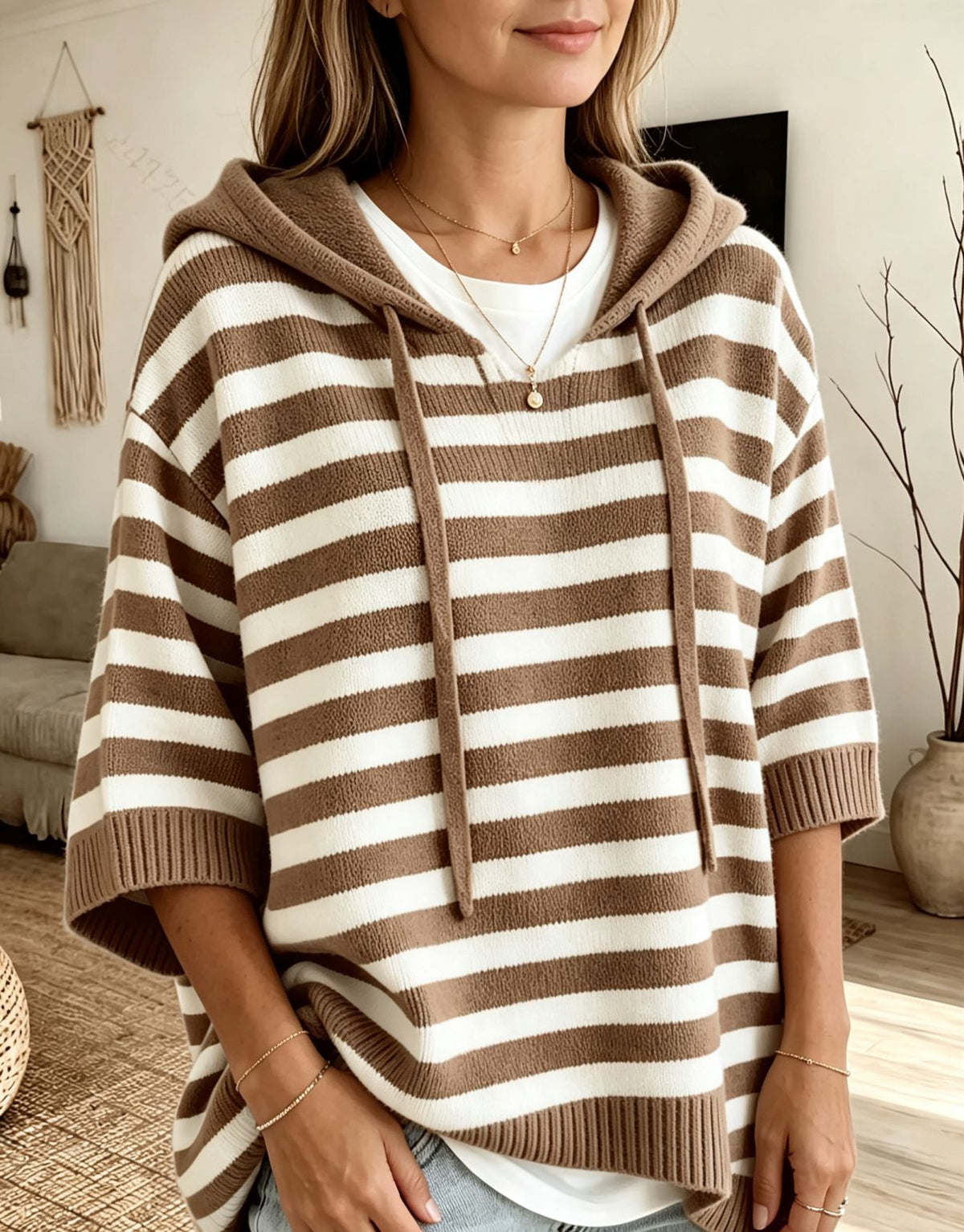 Loose And Comfortable Striped Knit Hoodie