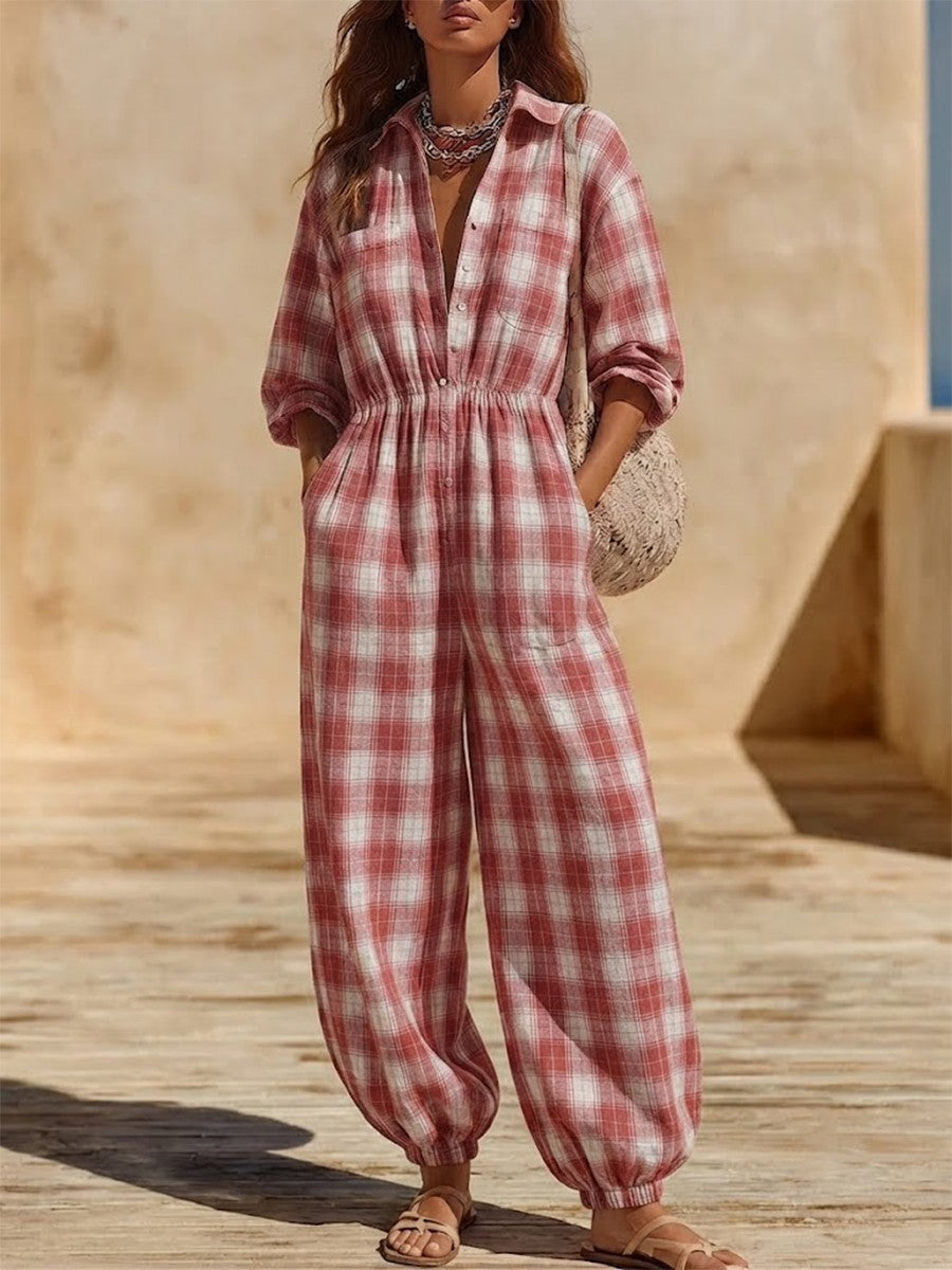 Long-sleeve Plaid Linen-blend Jumpsuit With A Collared Neckline, Cinched Waist, And Cuffed Hems