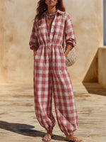 Long-sleeve Plaid Linen-blend Jumpsuit With A Collared Neckline, Cinched Waist, And Cuffed Hems