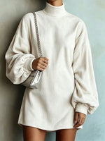 Loose And Cozy Corduroy Lantern-sleeve Mini Dress