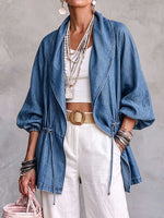 Women's Collared 3/4 Sleeve Casual Loose Drawstring Denim Cardigan