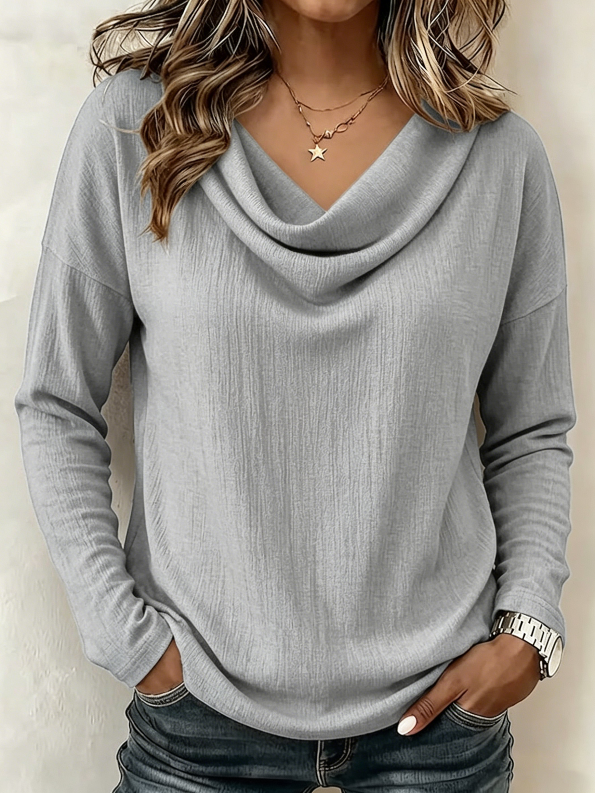 Draped Cowl Neck Textured Drop Shoulder Long Sleeve Casual Top