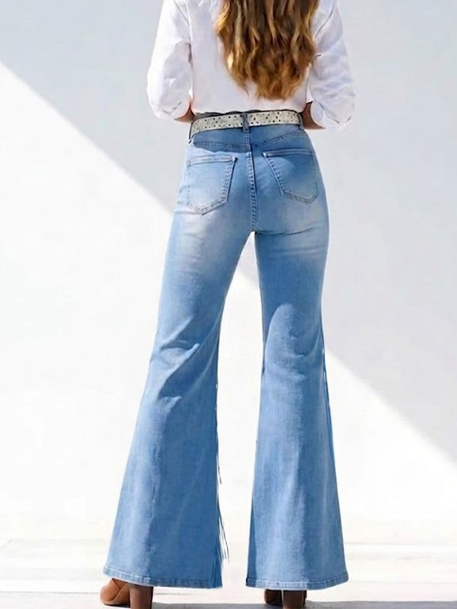 Irregular Denim Trousers With Spliced long-tassel Hem