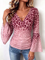 Women's Leopard Print Gradient V-neck Long Sleeve Casual Loose Stretch Top